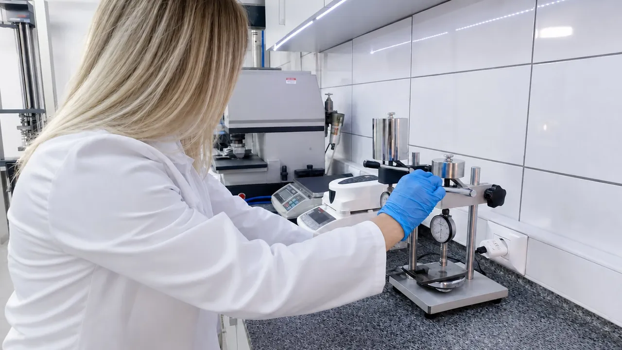 Kalite kontrol laboratuvarında termoplastik elastomer numunesine Shore sertlik ölçümü