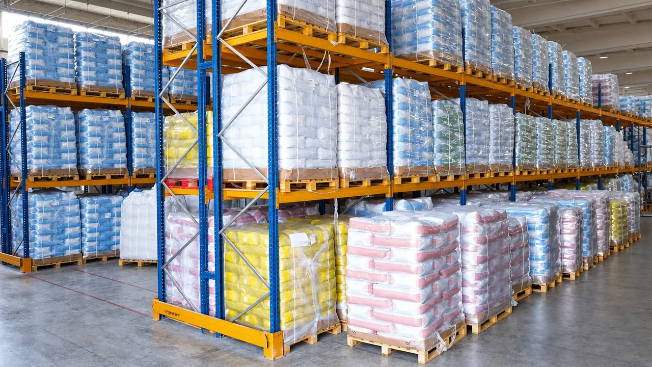 Merit Plastik Torbalı deposunda paletlenmiş kompaund torbaları